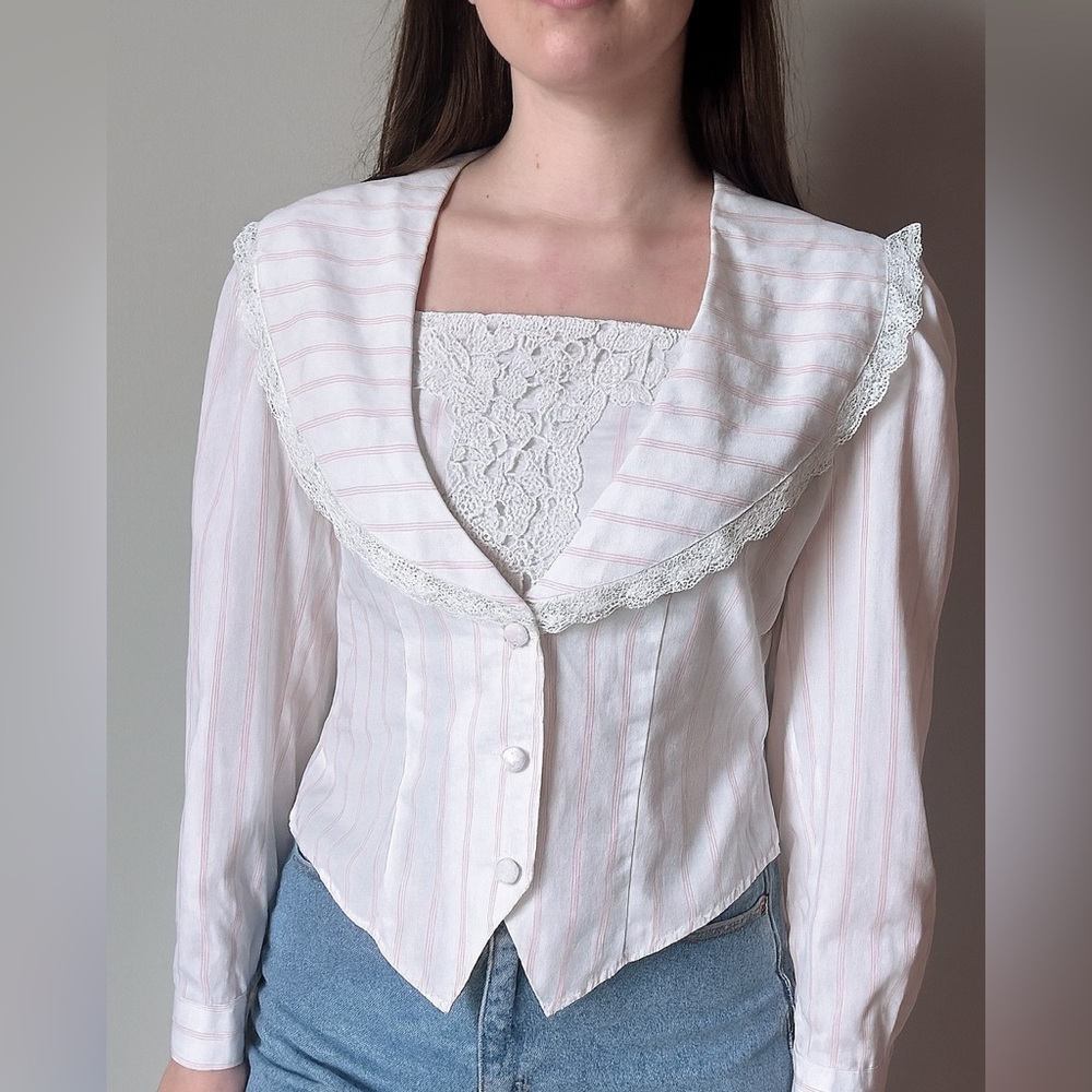 Romantic Core Lace Sailor Collar Blouse Size 6 Pink Stripe Vintage Style